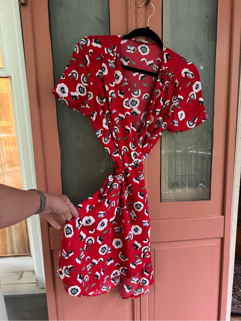 J. Crew Red Floral Tie-Front V-Neck Dress